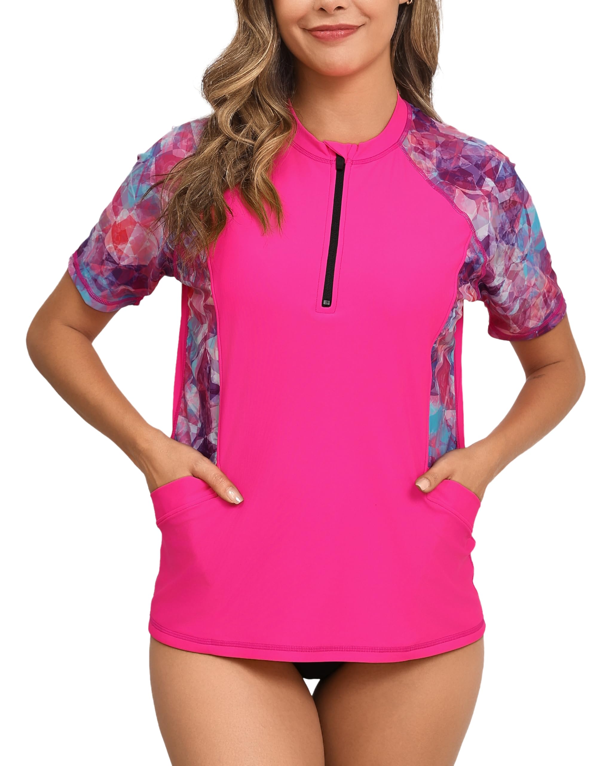 Halcurt Women's Half Zip Short Sleeve Rash Guard Top with Bra Side Pockets Swim Shirts UPF50+ Swimsuit Hot Pink Purple Geometric M