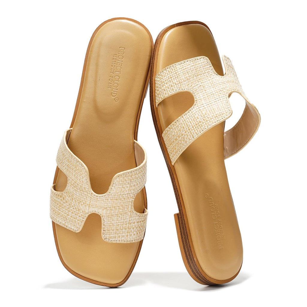 Project Cloud 100% Genuine Leather Sandals for Women 2026 - Fashion Flat Womens Sandals with Memory Foam Insole Slides Sandals Women Footwear - Mules Women's Sandals (Jannel,Raffia,6.5)