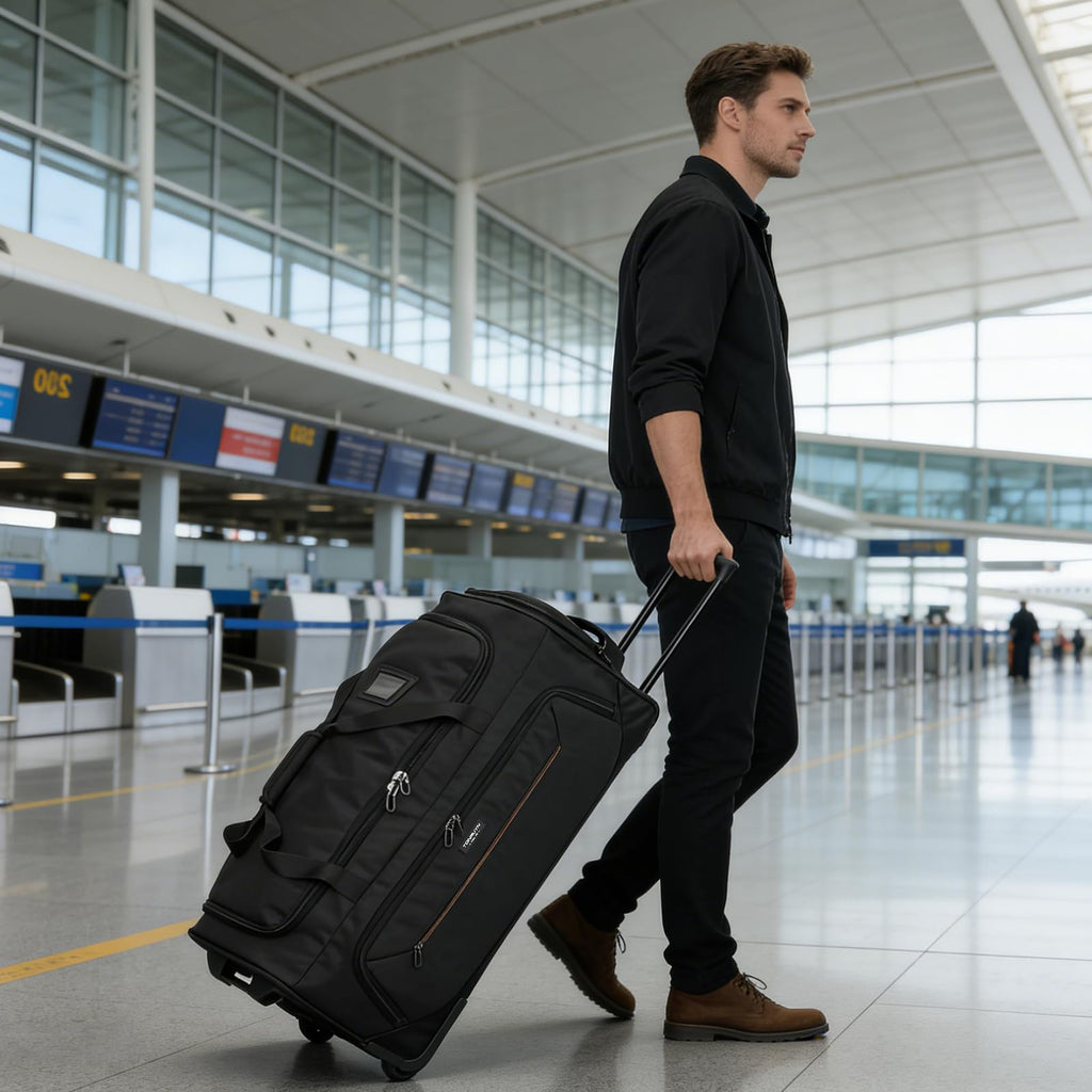 TONRUYN Large Rolling Duffle Bag with Wheels and Handle 85L 29 inch Travel Duffel Bag for Men Women with Shoe Compartment & Wet Pocket, 2 Wheeled Checked Luggage for Business Travel Long Trips, Black