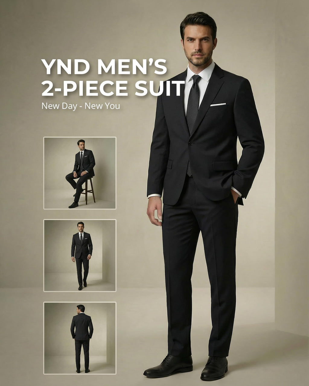 YND Men's 2 Piece Suit with Tie, One Button Slim Fit Solid Jacket and Pants Set, Suits for Men Prom Party Wedding & Business, Black