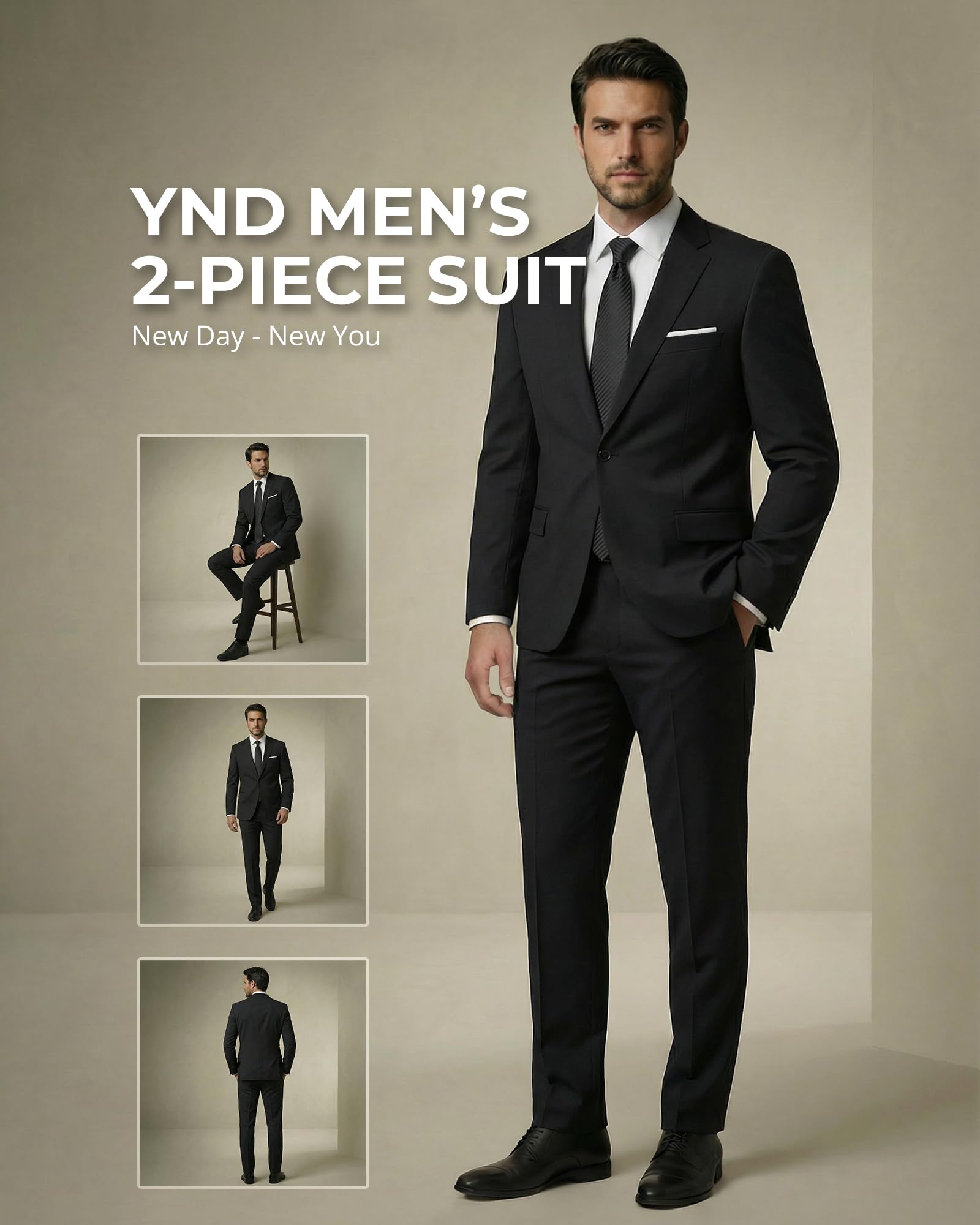 YND Men's 2 Piece Suit with Tie, One Button Slim Fit Solid Jacket and Pants Set, Suits for Men Prom Party Wedding & Business, Black