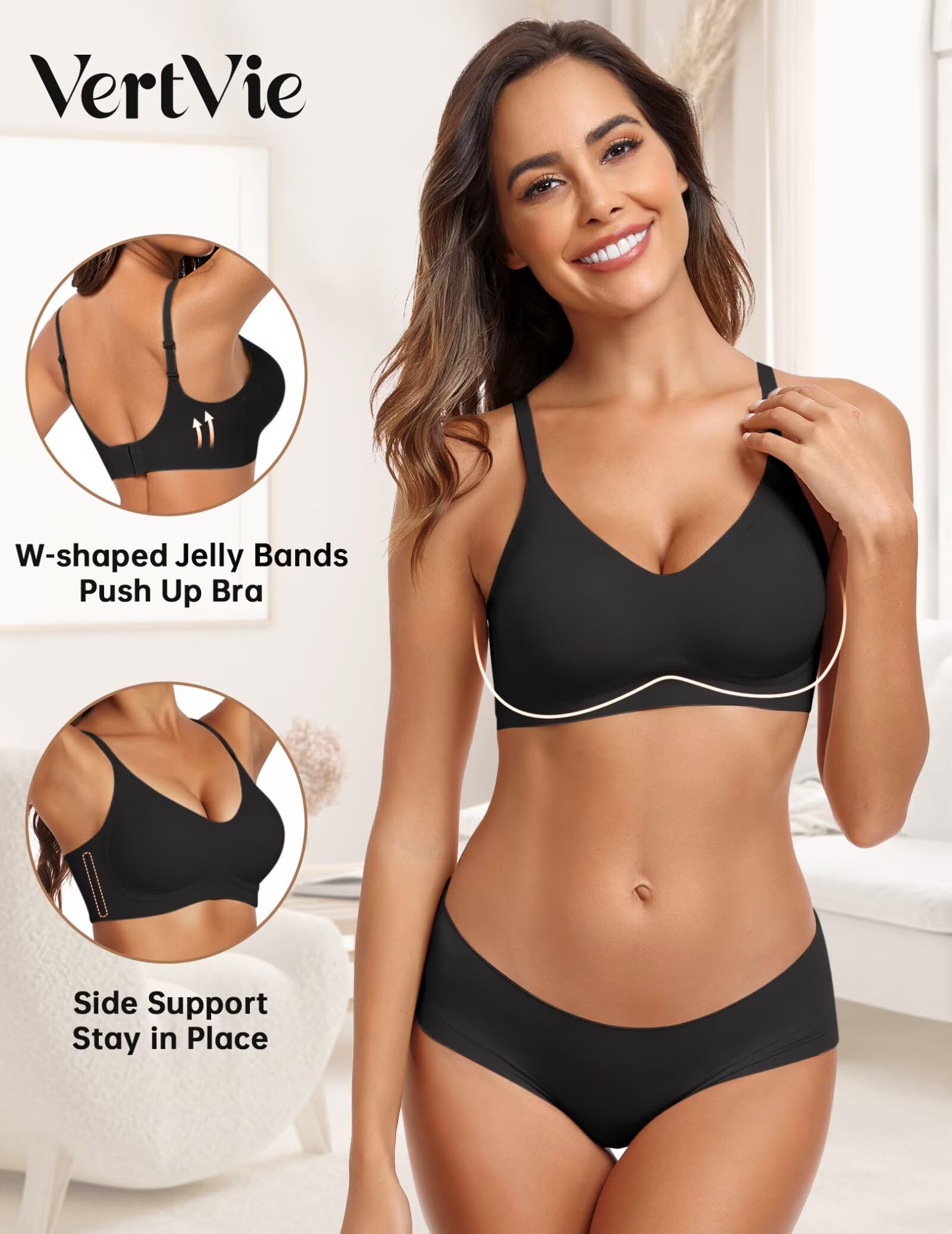 Vertvie Womens Seamless Bra No Underwire Comfort Push Up Bras Buttery Soft Wireless Bralette Full Coverage Sport Everyday Bra(Black,Medium)