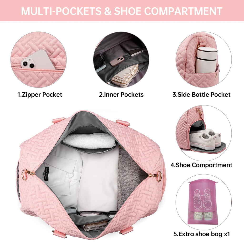 Duffle Bag for Travel, Weekender Bag with Shoe Compartment, Carry On Overnight Bag for Women with Toiletry Bag, 50L Gym Bag with Wet Pocket, Hospital Bags for Labor and Delivery Pink