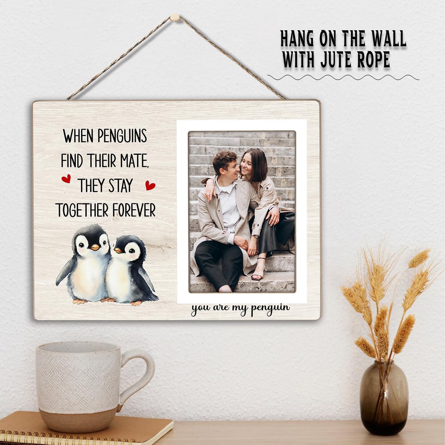 Penguin Photo Frame Gift, Engagement Picture Frame, Wedding Gifts for Couple, Valentine's Gift for Him Her, Anniversary Couple, fits 4x6 Photo, When Penguins Find Their Mate They Stay Together Forever