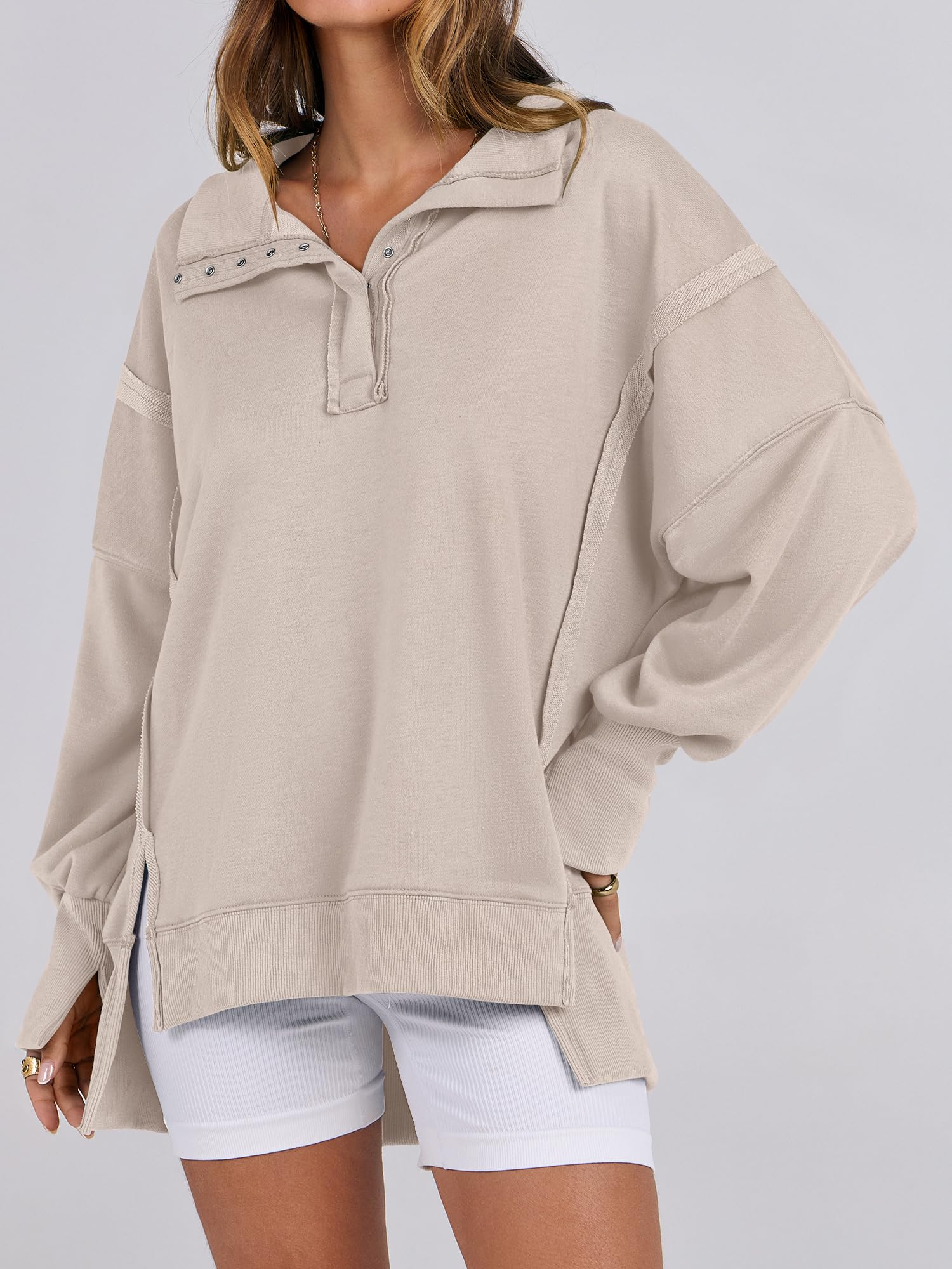 ANRABESS Women's Sweatshirts Oversized Casual Loose Button Up Henley Pullover Top High Low Split 2025 Fall Fashion Outfits Apricot Medium