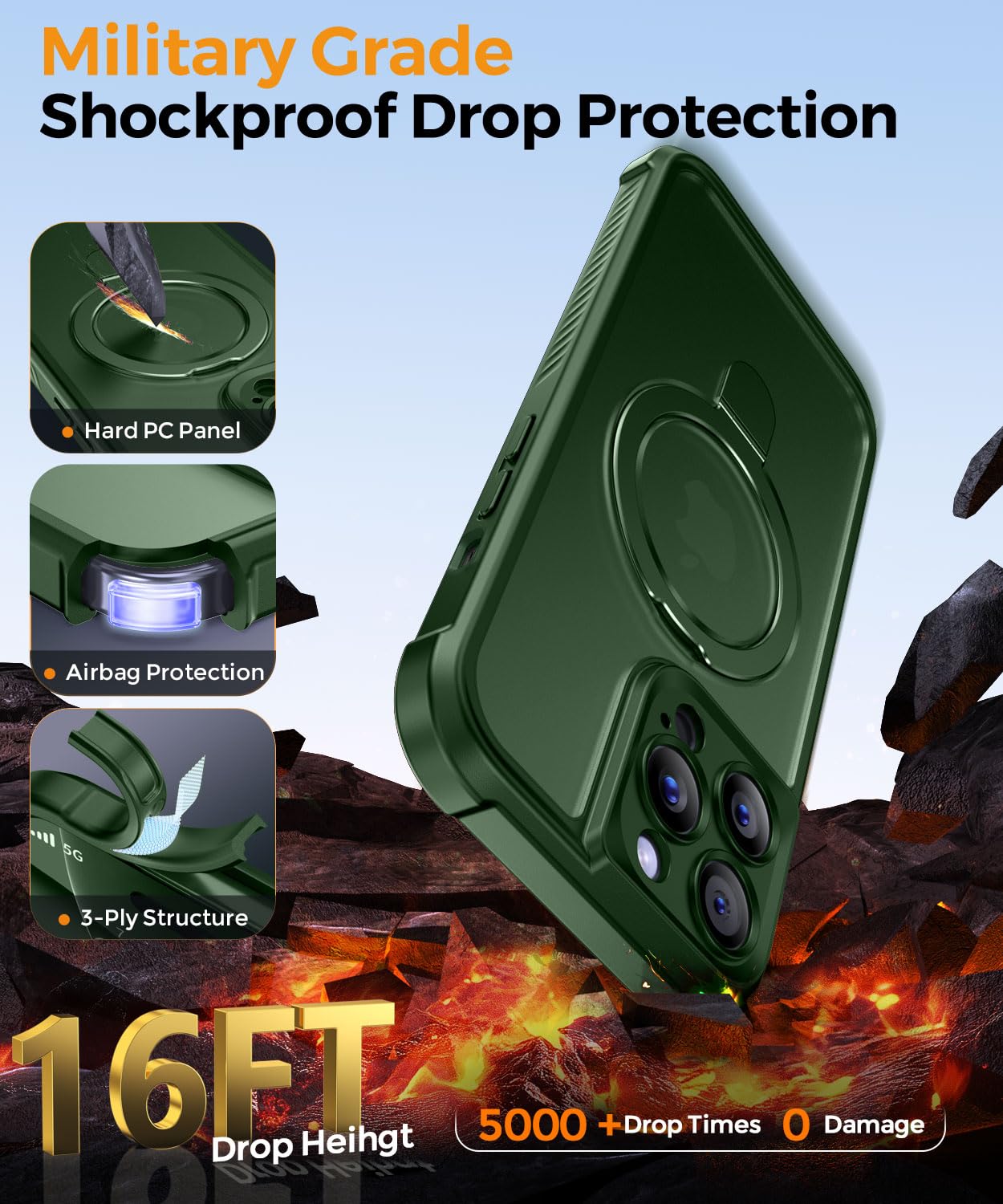 MOCCA Design for iPhone 14 Pro Case with Magnetic Invisible Stand [Full Camera Protection] [Compatible with Magsafe] Military Drop Shockproof Translucent Matte Phone Case Cover 6.1",Dark Green