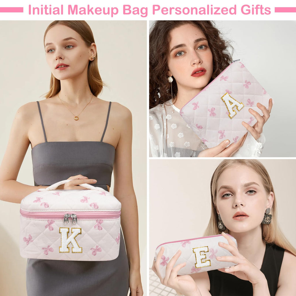 Junesters Initial Makeup Bag Set, Personalized Quilted Makeup Bag, Large Floral Cosmetic Bag for Women, Cute Cotton Custom Make up Bags, Flower Travel Toiletry Bag Teen Girl Gift Pink Butterfly M