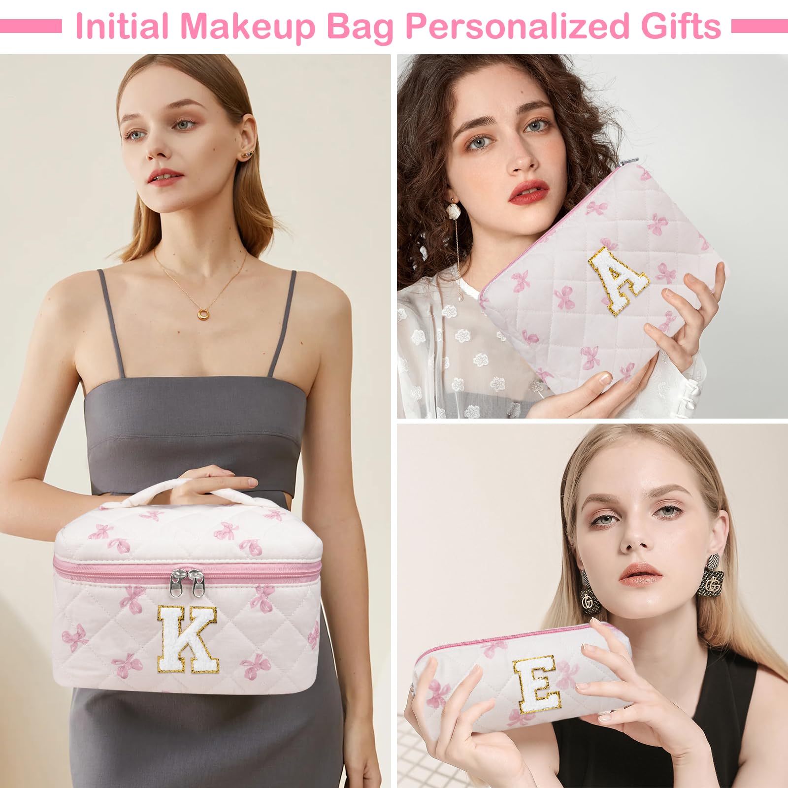 Junesters Initial Makeup Bag Set, Personalized Quilted Makeup Bag, Large Floral Cosmetic Bag for Women, Cute Cotton Custom Make up Bags, Flower Travel Toiletry Bag Teen Girl Gift Pink Butterfly M