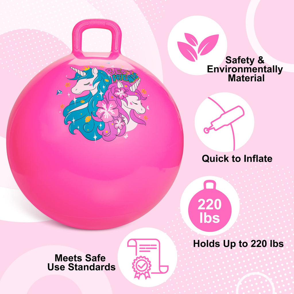 ZOOJOY Hopper Ball, Pink Bouncy Balls for Kids, 18 Inch Sit on Jumping Toys with Handle for Girls Gift Aged 3-8, Inflatable Unicorn Bounce Hopper Balls Toy with Pump