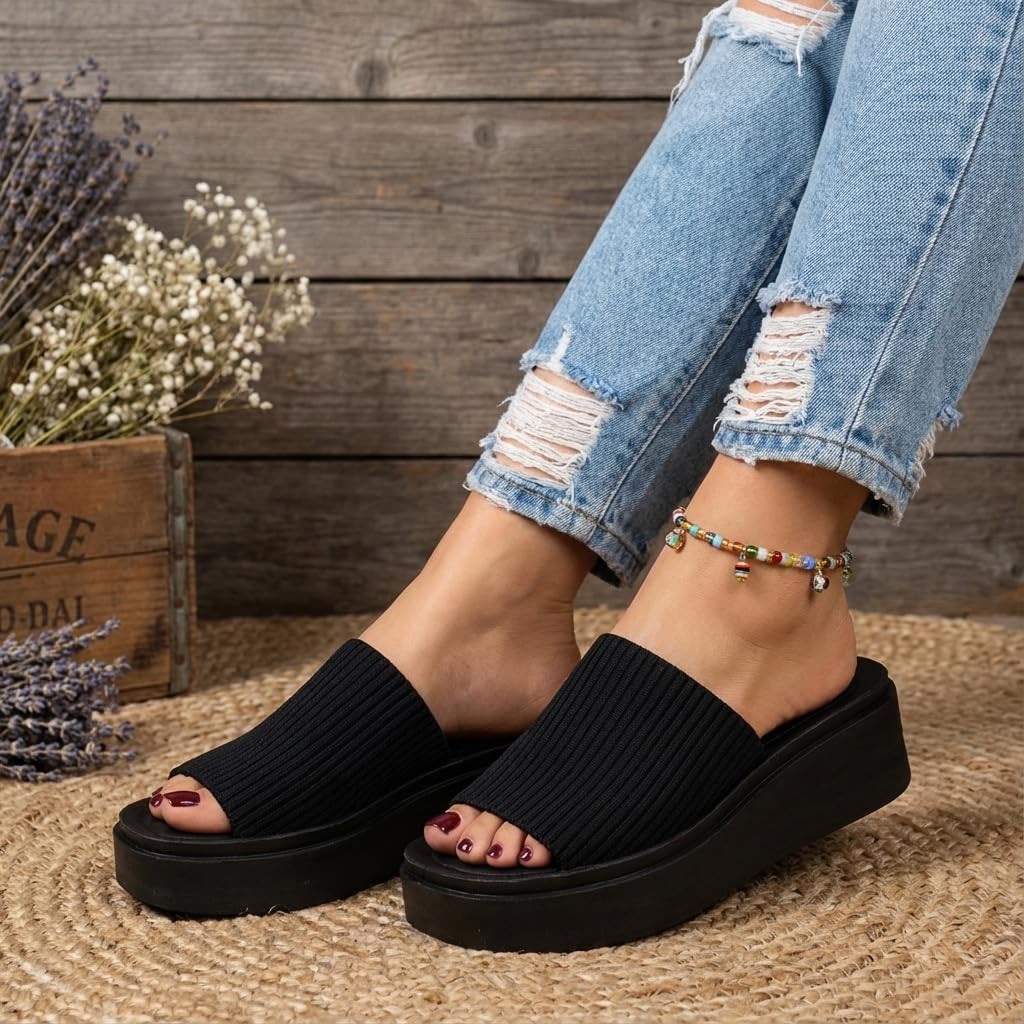 CUSHIONAIRE Pim Wedge Chunky Platform Womens Sandals with Firm Knit Upper & Memory Foam Summer Sandals for Women 2026, BLACK 7