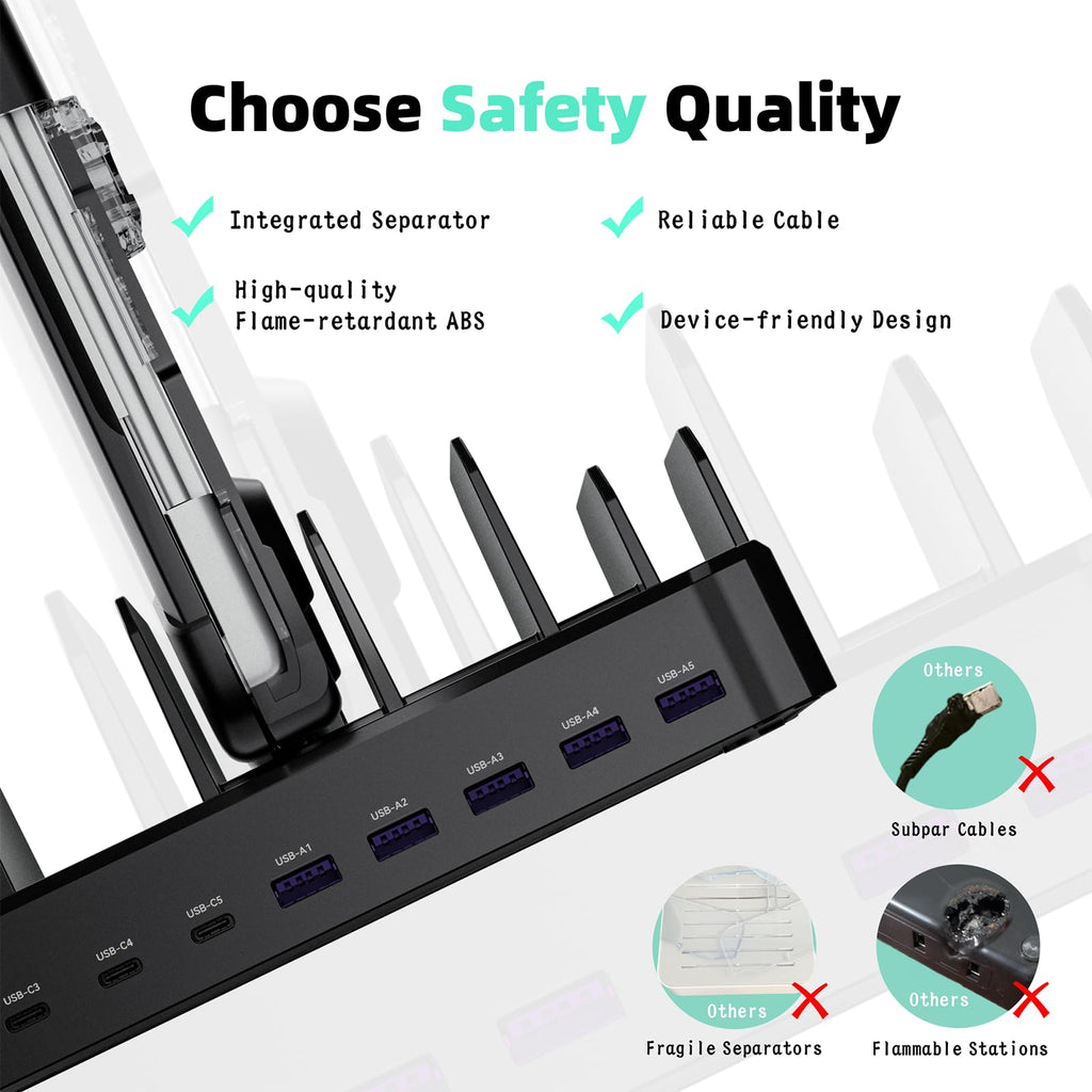 420W Charging Station for Multiple Devices, Zobirez 10-Port USB C Fast Charger Stations for MacBook, iPhone, Android Cell Phone, iPad, Tablet, Family Multi-Device Organizer Charging Dock, Black