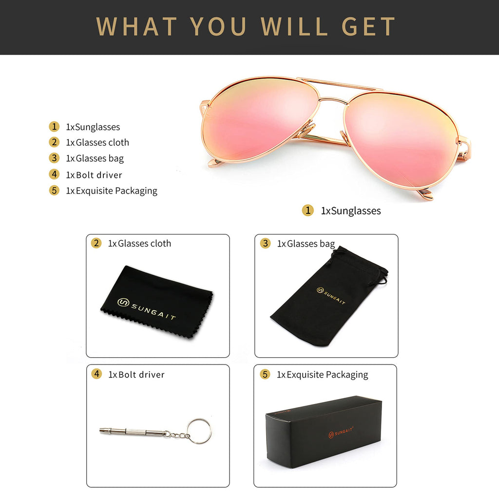SUNGAIT Women's Lightweight Oversized Aviator Sunglasses - Mirrored Polarized Lens Classic Style
