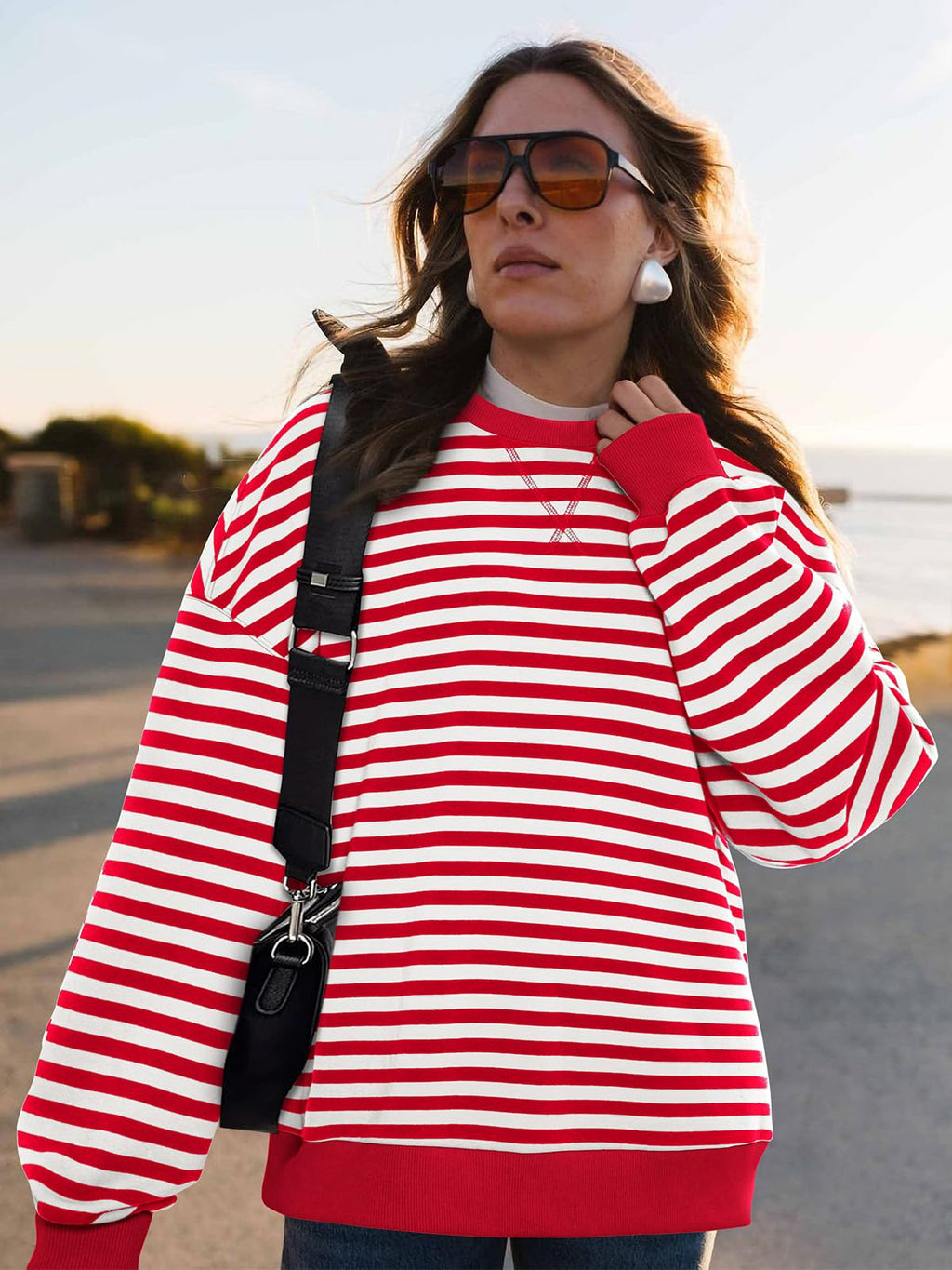 PRETTYGARDEN Women Striped Oversized Sweatshirt Color Block Crew Neck Long Sleeve Casual Pullover Top Spring Y2K Clothes (Red White, Small)