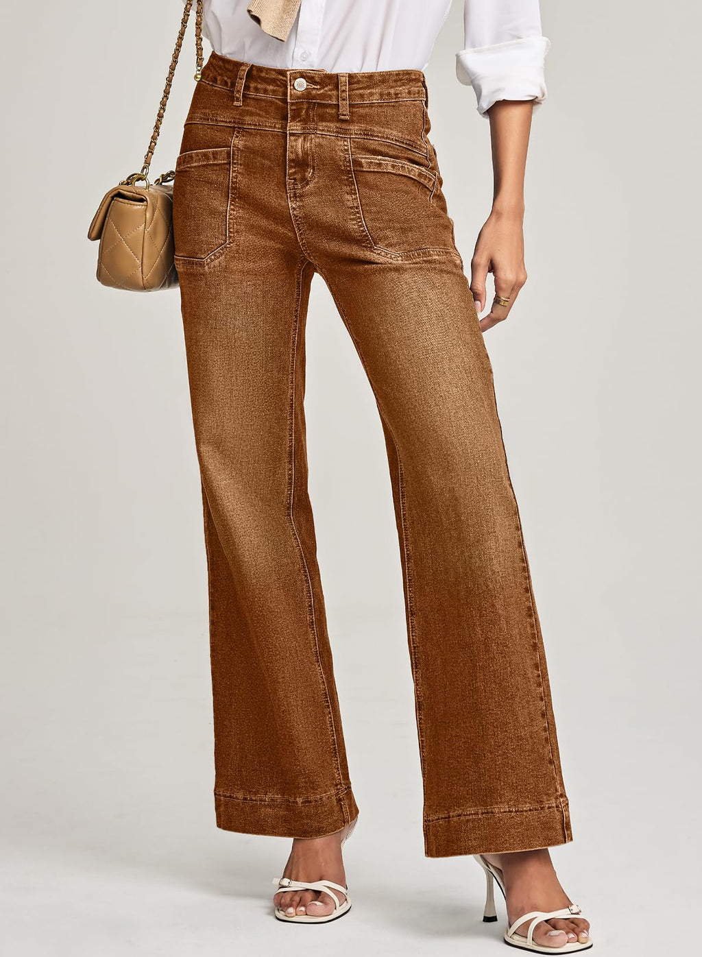 EVALESS Wide Leg Jeans for Woman Trendy High Waisted Stretchy Straight Bootcut Jeans Womens Control Tummy Casual Baggy Denim Pants with Pocket Brown Size 8