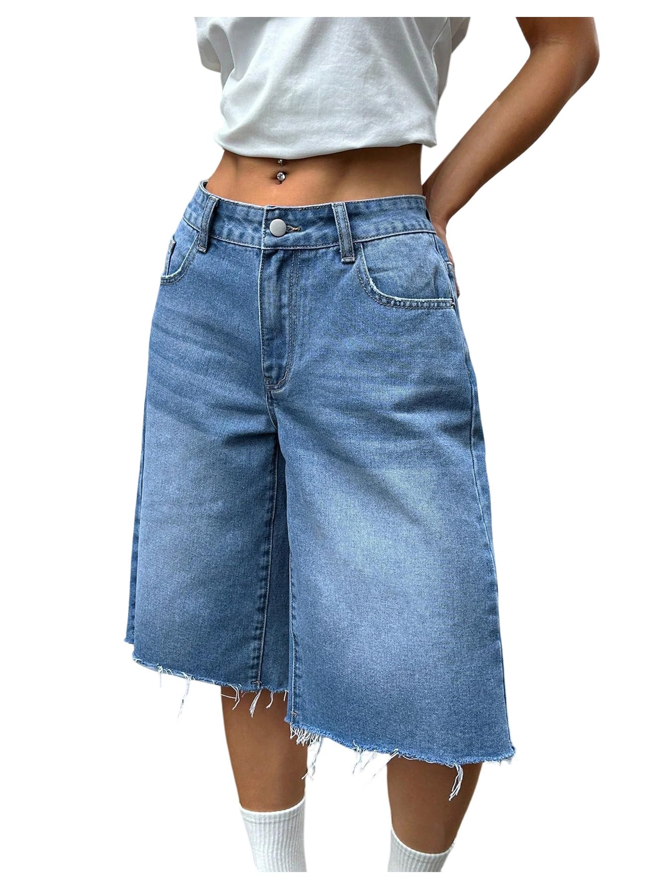 WDIRARA Women's Low Rise Baggy Denim Shorts Wide Leg Bermuda Jean Shorts Frayed Blue 26