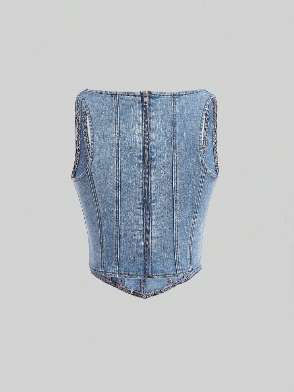 WDIRARA Women's Square Neck Sleeveless Zip Back Asymmetrical Denim Tank Crop Top