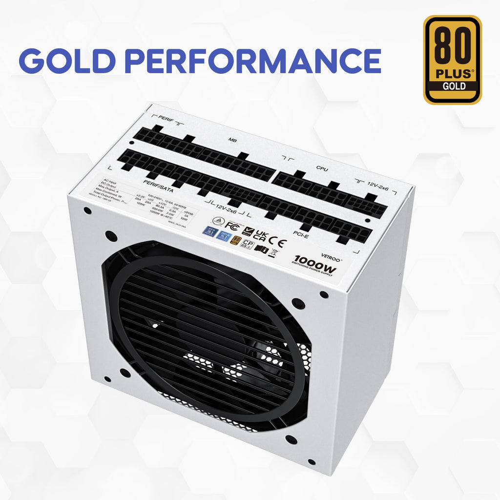 Vetroo 1000W White Power Supply ATX 3.1 Ready Dual PCIe 5.1, 80 Plus Gold Full Modular, Eco Mode with 120mm FDB Fan, Compact Size, 10 Year Warranty for Gaming PC
