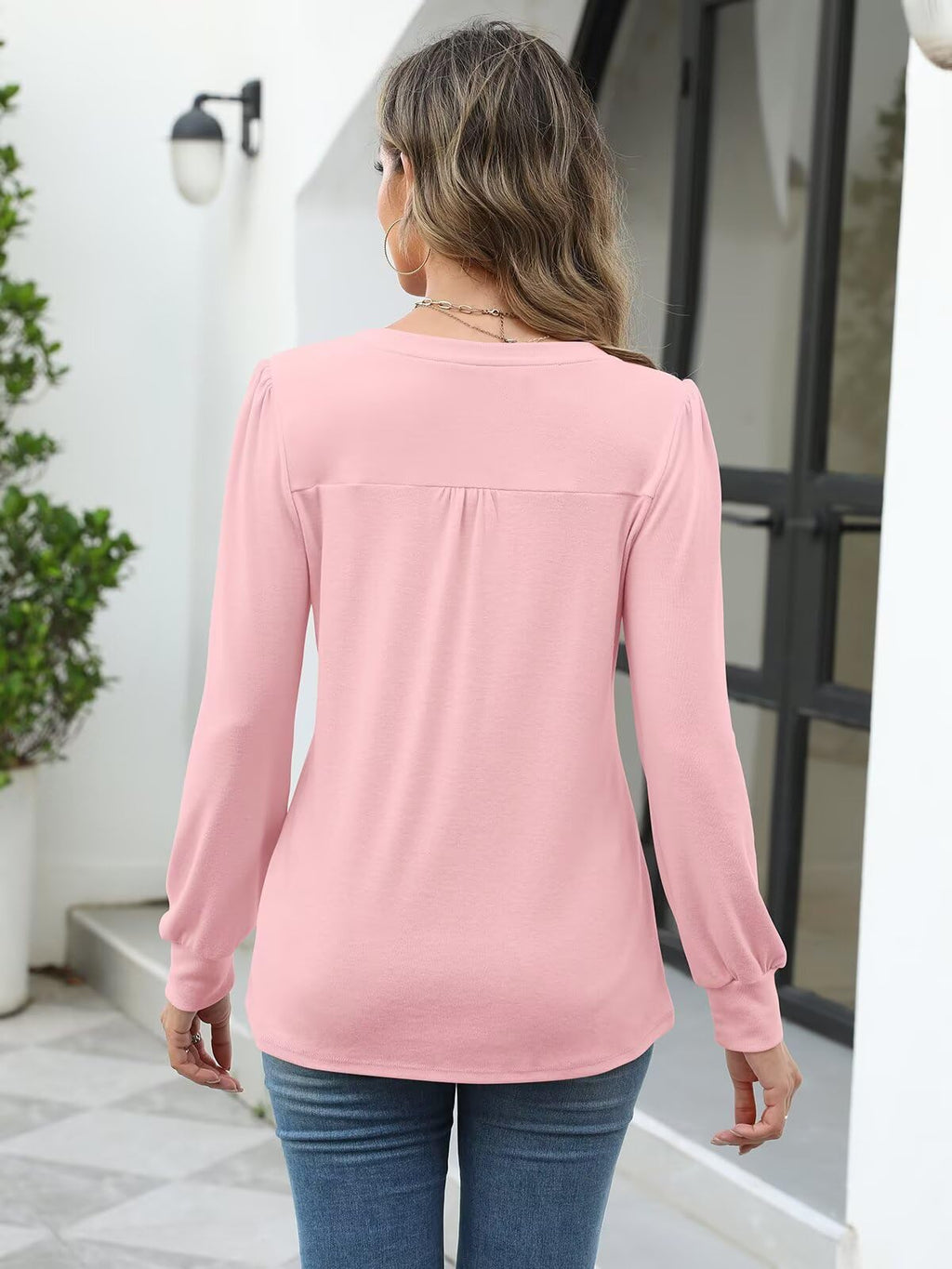 TICTICMISS Women's Puff Long Sleeve Tops Pleated V Neck T Shirts Henley Button Tunic Blouses Peach Pink