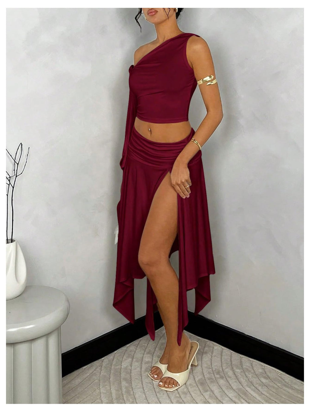 WDIRARA Women's 2 Piece Outfits Asymmetrical Neck Sleeveless Top and Split Thigh Ruffle Midi Skirt Set Burgundy Small