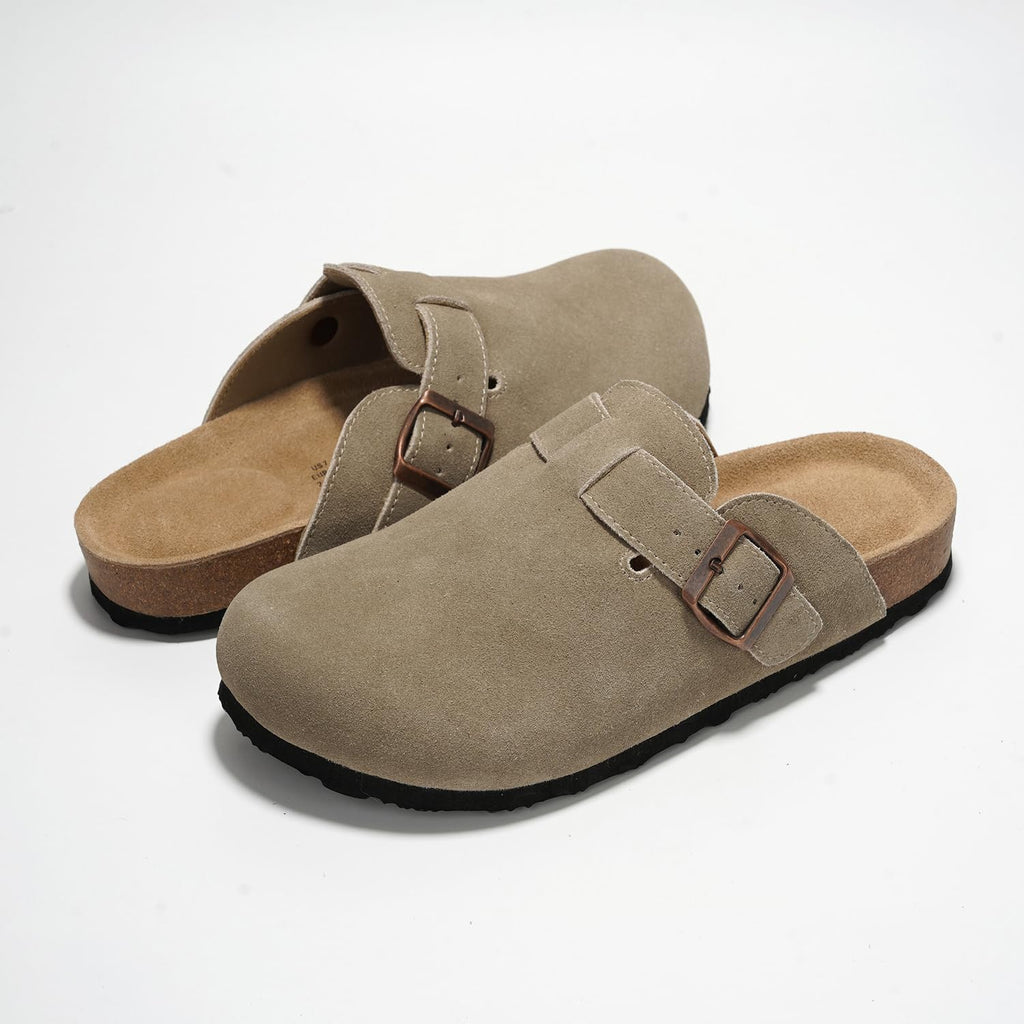 Project Cloud Genuine Leather Footbed Clogs for Women - Memory Foam Arch Support Slippers for Women - Trendy Slip-ons Women's Mules & Clogs Sandals (Benton,TaupeSuede, 5.5)