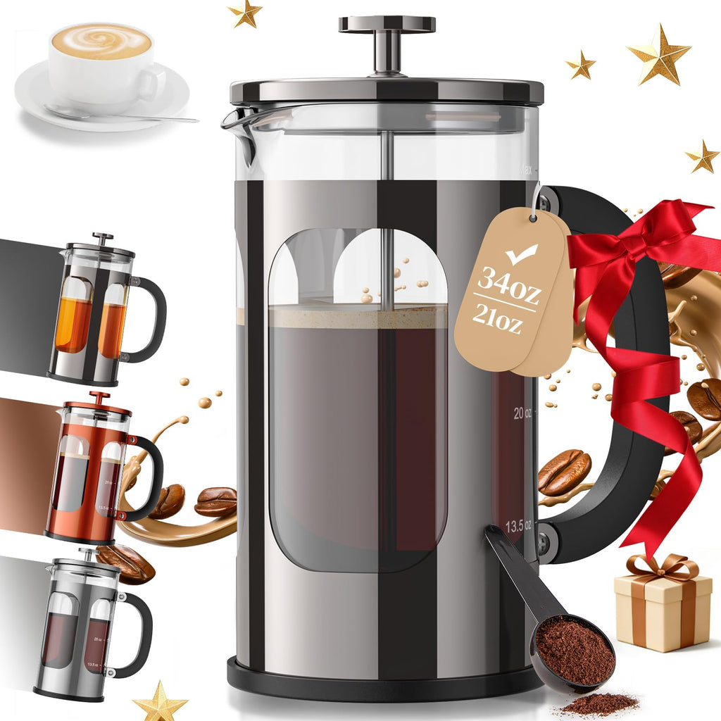 Veken French Press Coffee Maker 34oz, No Plastic Touching Cafe,Thickened Glass Stainless Steel Brewer, Cold Brew Cafetera Tea pot for Kitchen Travel Camping, Gifts, Decor, Bar Accessories, Dark Pewter