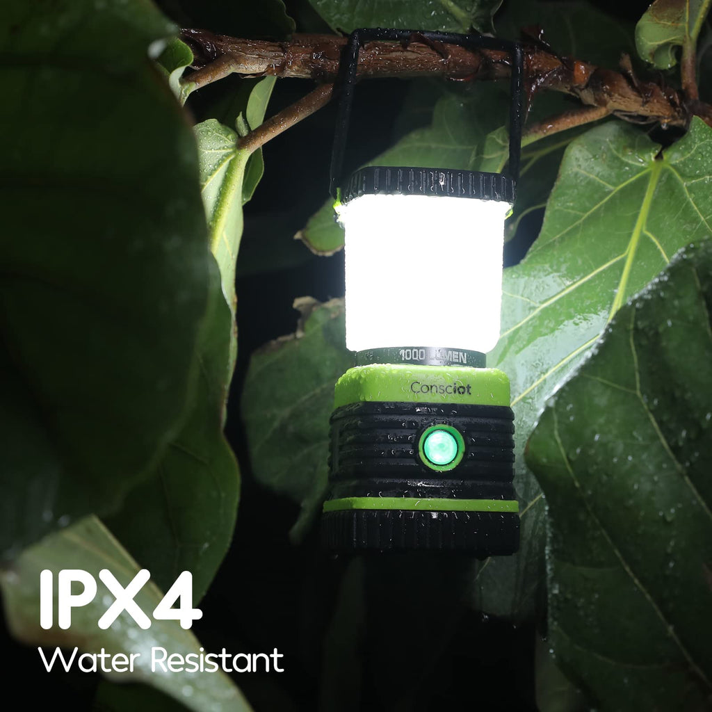Consciot LED Battery Powered Camping Lantern, 1000LM, 4 Light Modes, IPX4 Waterproof Portable Tent Flashlight for Power Outages, Emergency, Hurricane, Hiking, Light Green, 2-Pack