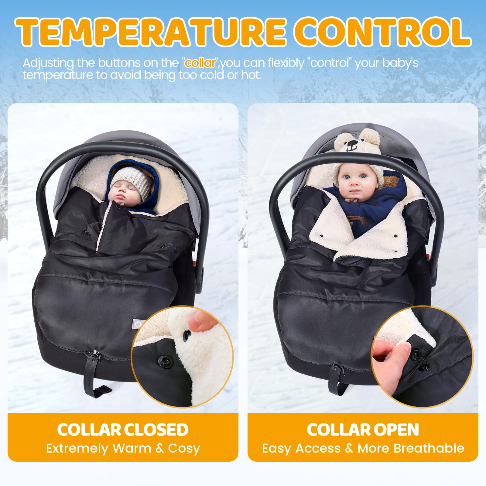 Orzbow Winter Carseat Cover for Baby | Infant Car Seat Cover, Waterproof Car Seat Blanket with Adjustable Collar | Warm and Cozy Fleece Carseat Canopy Blanket for Baby Winter Essentials, Black