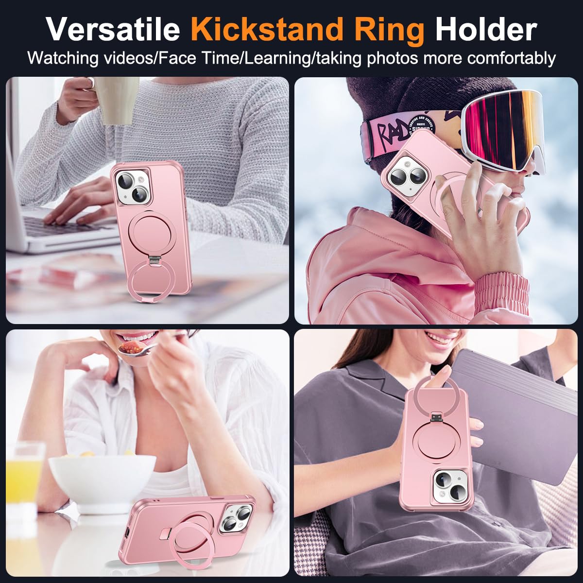 SKYLMW Compatible with iPhone 13 Case & iPhone 14 Case with Invisible Magnetic O-Ring Stand Phone Cases for 13 & 14 6.1" [Compatible with Mag-Safe][Great Grip Feeling], Rose Gold