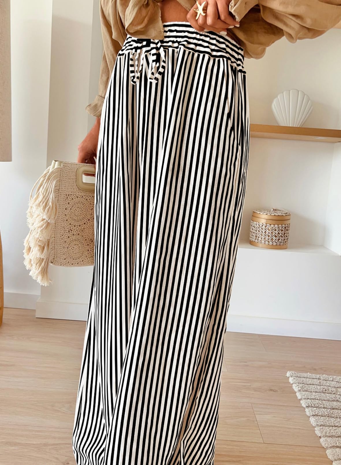 Acelitt Women Casual Striped Wide Leg Pants Drawstring Elastic High Waisted 2026 Summer Fashion Beach Pants Trousers with Pockets Black Small
