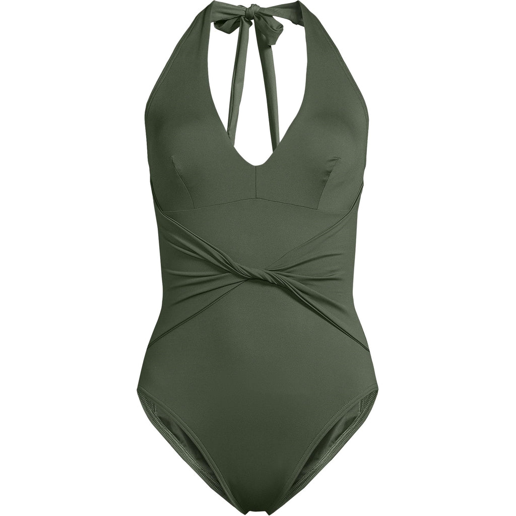 Lands' End Women's Sculpting Suit Plunge Halter High Leg One Piece Swimsuit 4 Rich Olive Green
