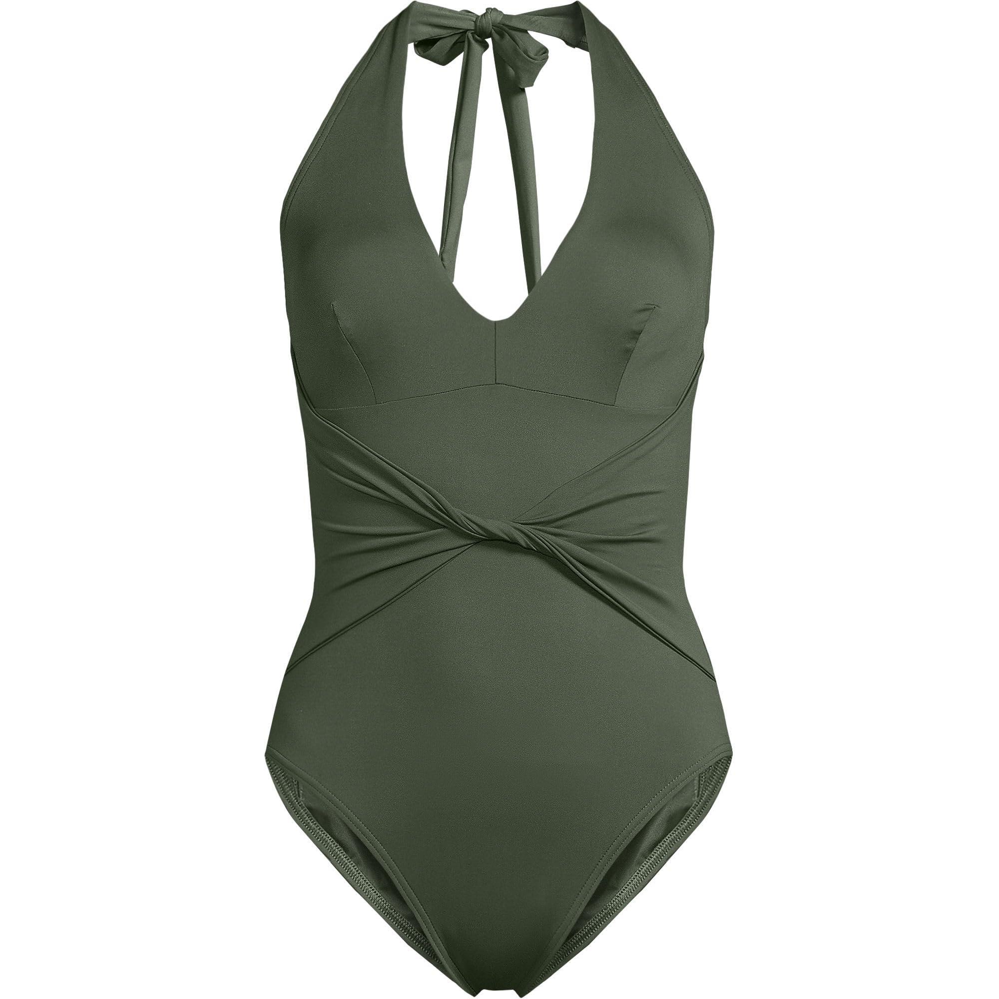 Lands' End Women's Sculpting Suit Plunge Halter High Leg One Piece Swimsuit 4 Rich Olive Green