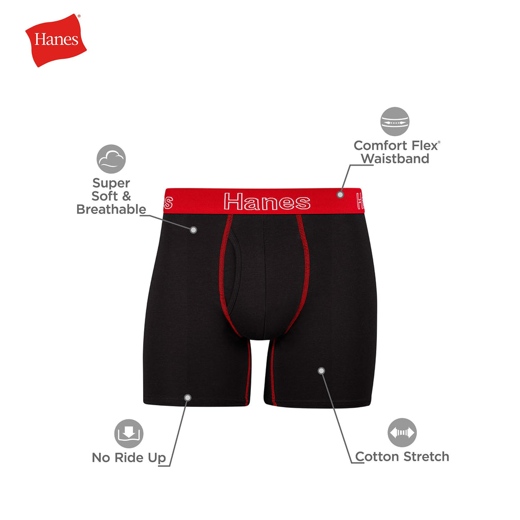 Hanes Men's Boxer Cotton Stretch Moisture-Wicking Multi-pack Underwear Brief, Black - 6 Pack, X-Large