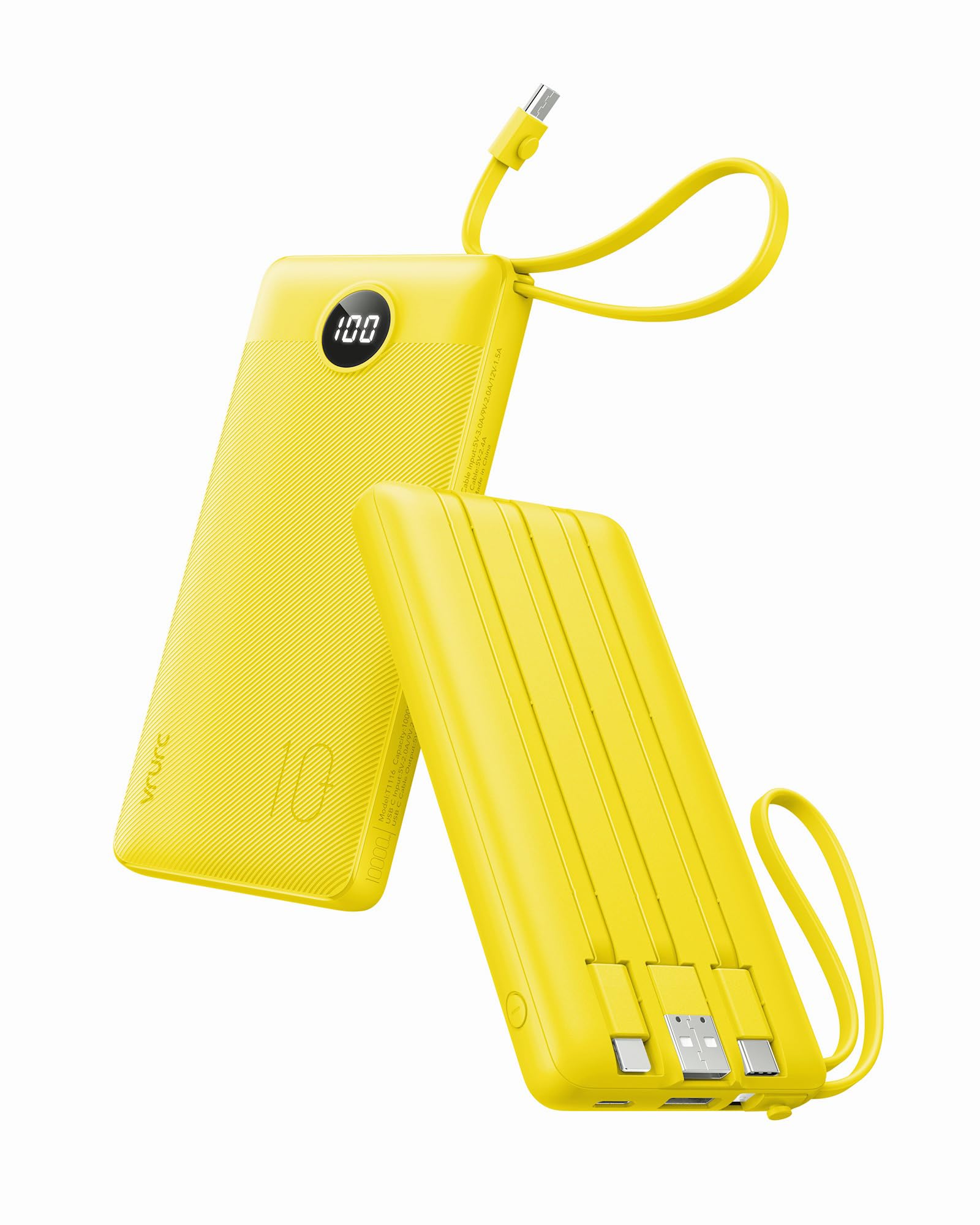 VRURC Portable Charger with Built-in Cables, USB C Portable Phone Charger 10000mAh, Lightweight Power Bank with 5 Output 2 Input Compatible with iPhone 17 16 15 13,Samsung,Android etc-Yellow(1 Pack)
