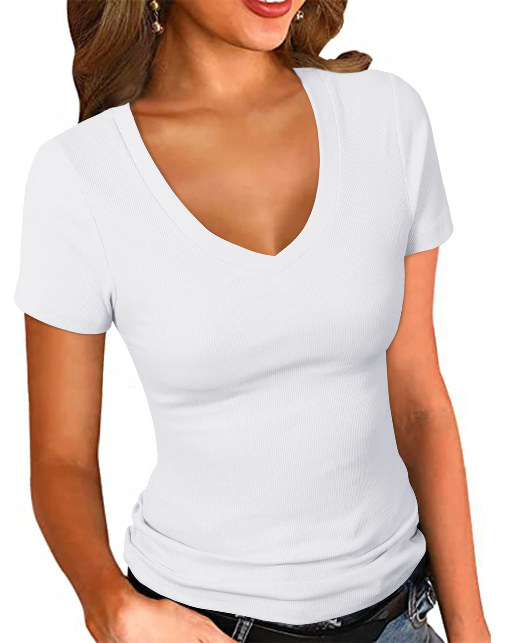 PALINDA Women's Short Sleeves Ribbed Fitted Shirt Basic V Neck Slim T Shirt Tops(White L)