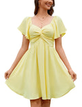Florboom Women's Summer Sweetheart Neckline Short Sleeve Sexy Mini Dresses Knot Front Chiffon Going Out Picnic Flowy Dress (Yellow, S)