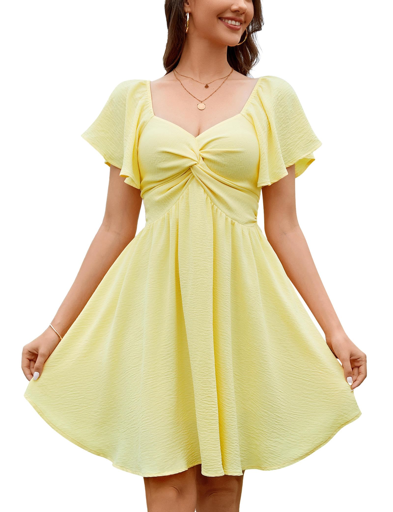 Florboom Women's Summer Sweetheart Neckline Short Sleeve Sexy Mini Dresses Knot Front Chiffon Going Out Picnic Flowy Dress (Yellow, S)