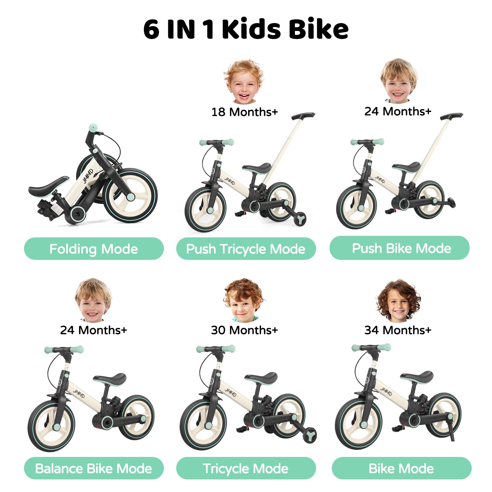 JMMD 6 in 1 Toddler Bike with Push Handle for Kids 18-60 Months, 12" Foldable Balance Bike with Training Wheels, Pedals, Brakes, Kickstand, Push Tricycle Toddler Gift & Toys for Boy & Girl