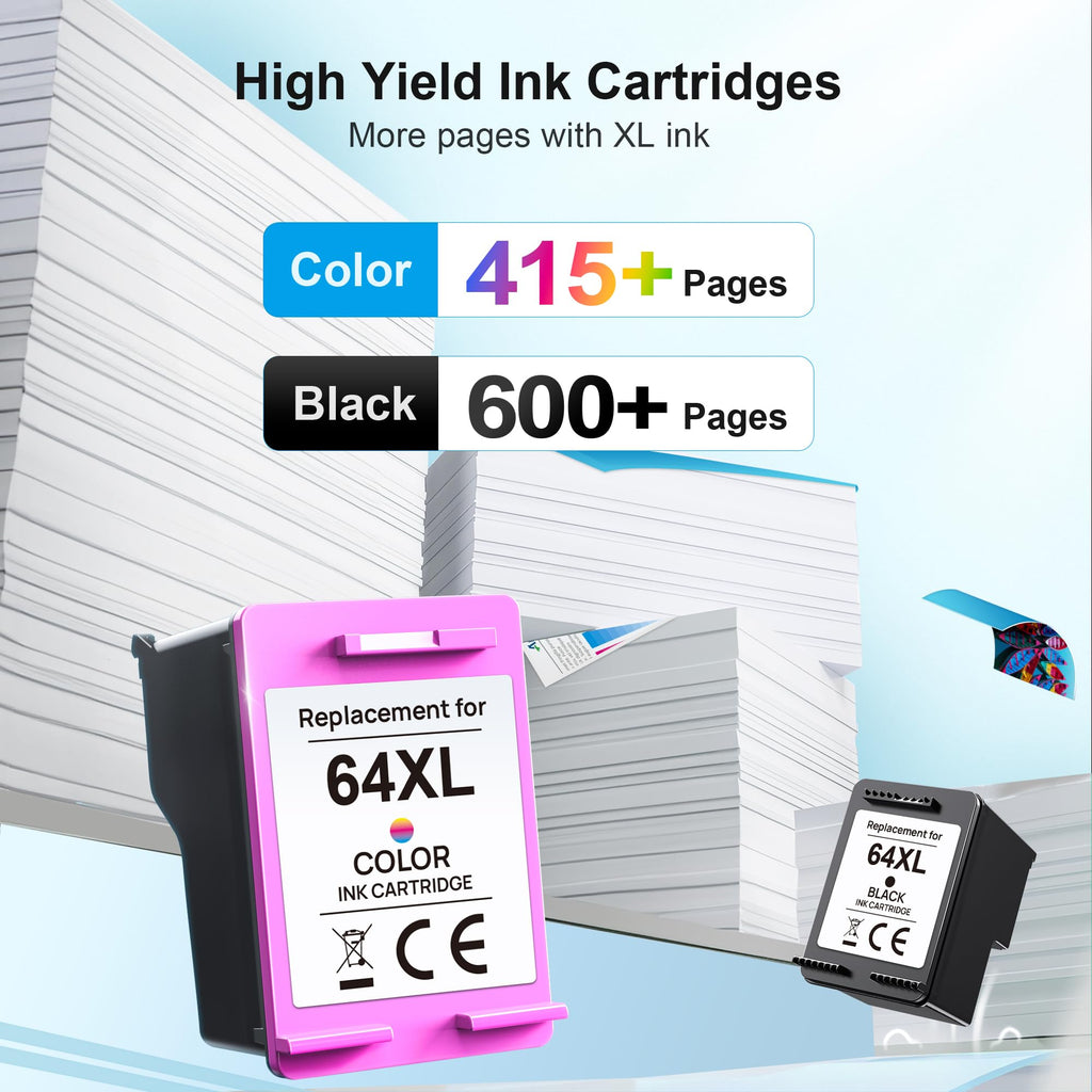 Adoccur 64XL Ink Cartridge Replacement for HP Ink 64 HP 64 Ink for HP 64XL Ink Cartridge Combo Pack Works with Envy Photo 7855 7858 6252 6255 7800 7100 7155 7158 Tango Series Printer (2 Pack)