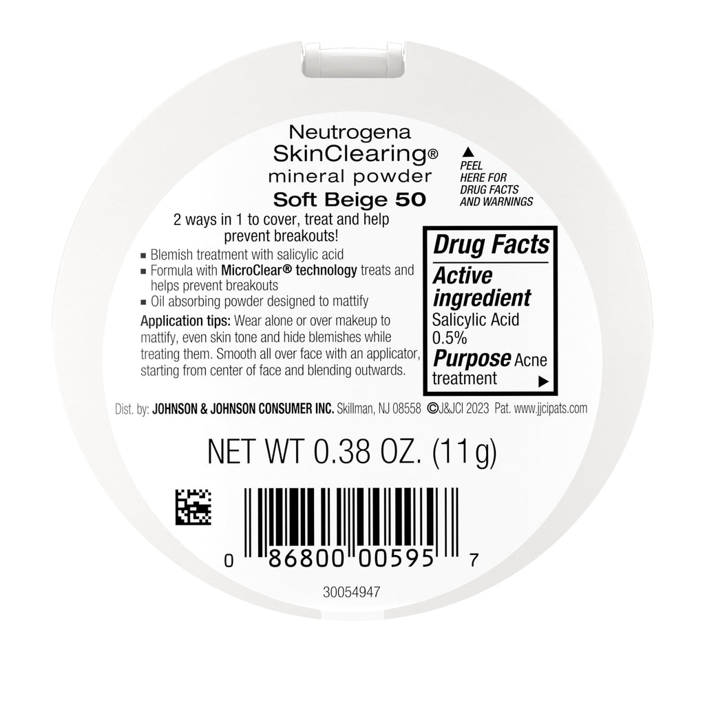 Neutrogena SkinClearing Pressed Mineral Powder Compact for Acne Prone Skin, Oil Absorbing Acne Makeup with Salicylic Acid helps to Cover, Treat & Prevent Breakouts, Soft Beige 50, .38 oz