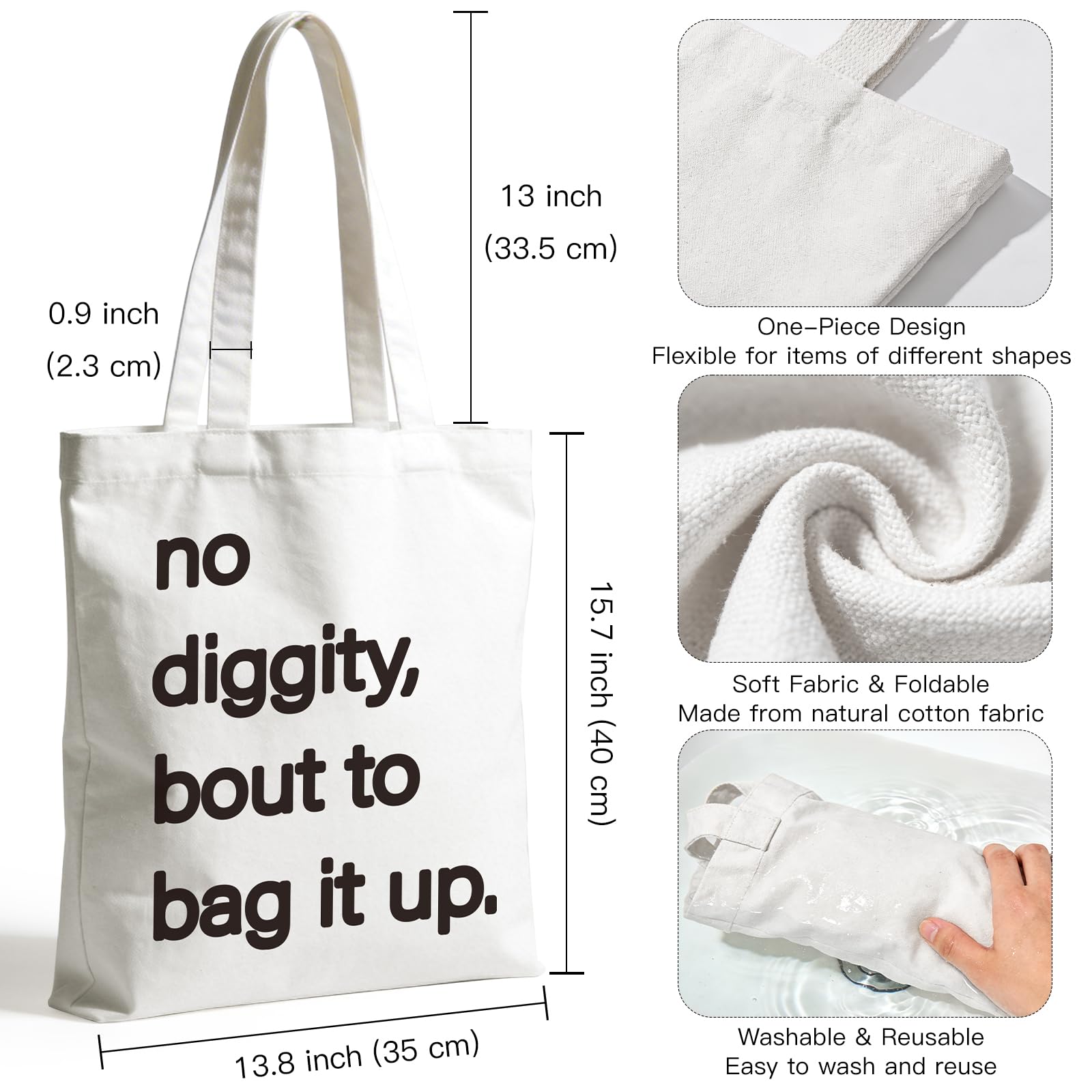 WRAPAHOLIC Funny Quote Cotton Canvas Tote Bag, No Diggity Design Shopping Bag, Funny Reusable Shoulder Tote Bags for Shopping Camping - 13.8" x 15.7", 1 Pcs