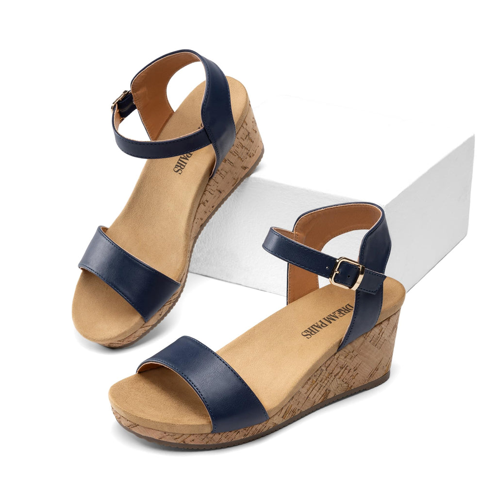 DREAM PAIRS Women's Open Toe Buckle Ankle Strap Platform Wedge Sandals for Women Summer Dressy Shoes,Size 7.5,Navy,NINI-8