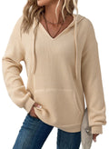 Dokotoo Womens Fall Fashion 2025 Oversized Sweatshirt for Women Ribbed Knit Long Sleeve Drawstring V Neck Hoodies Cute Ladies Sweaters Pullover Sweatshirts Tunic Tops and Blouses Apricot Medium