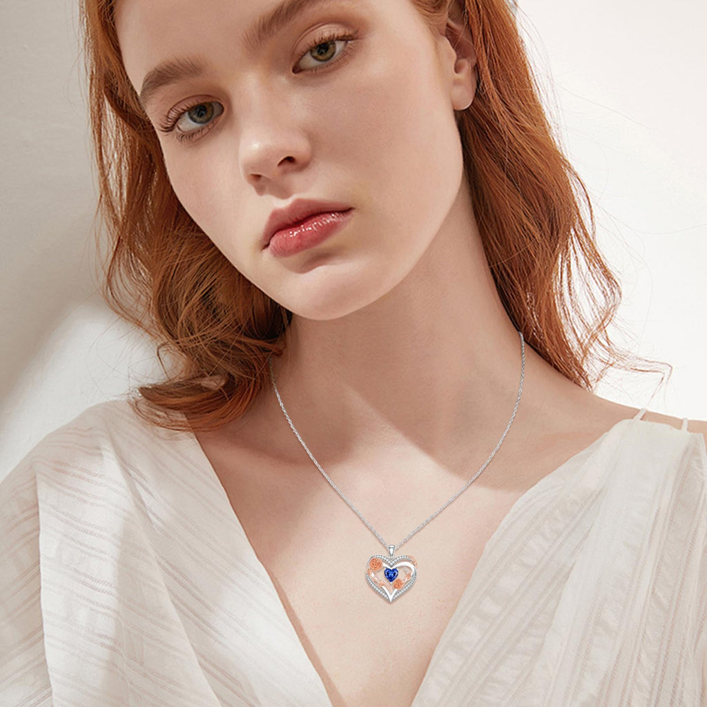 OKROKTOT Sapphire Necklace for Women Heart-Shaped September Birthstone Pendant Sapphire Jewelry Birthday Anniversary Christmas Mother's Day Jewelry Gift for Mom Wife Sister Daughter Girlfriend Her