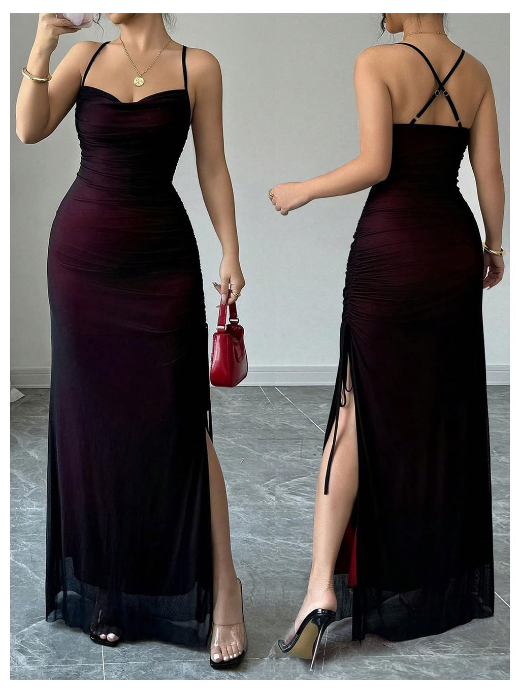 GORGLITTER Women's Mesh Maxi Dress Backless Wedding Guest Dress Ruched Drawstring Bodycon Cami Party Cocktail Dresses Purple Small