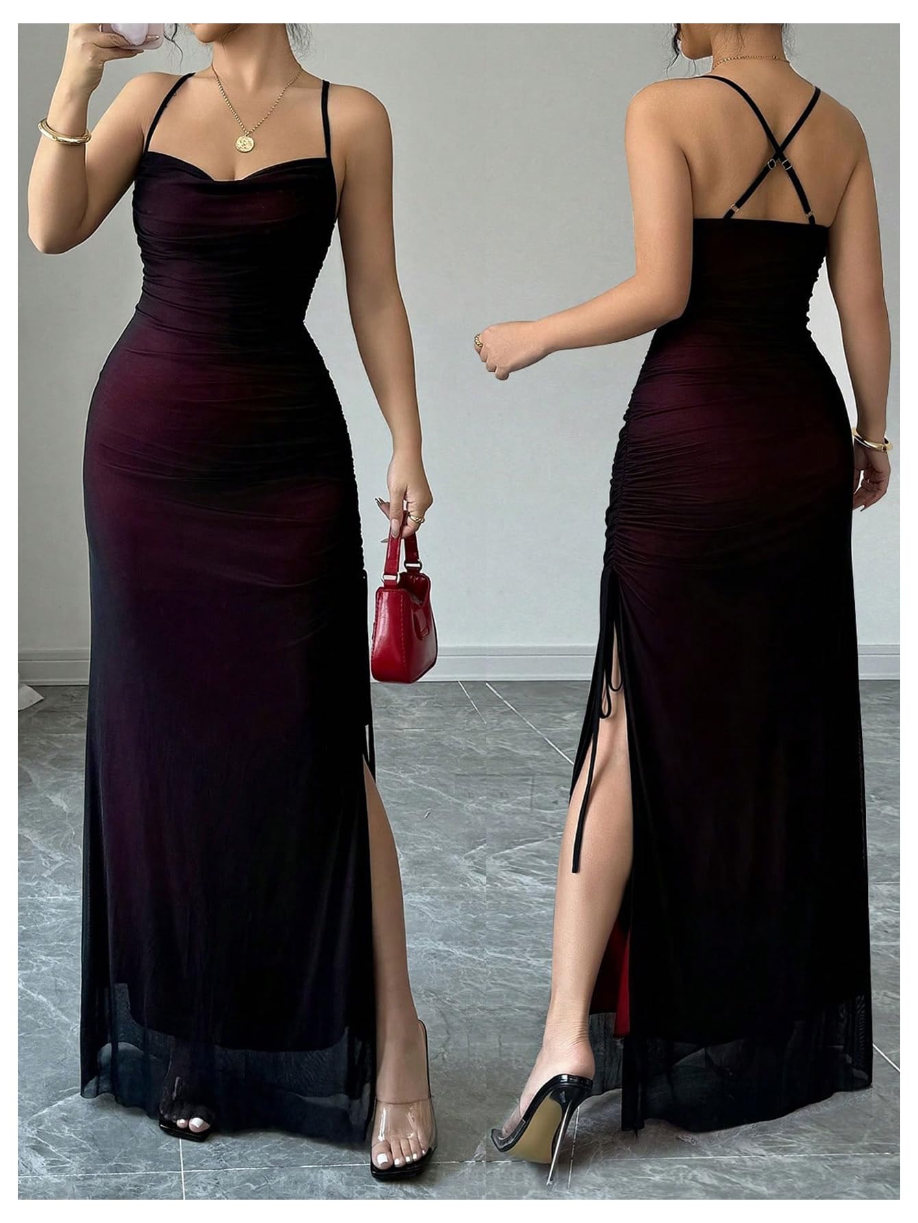 GORGLITTER Women's Mesh Maxi Dress Backless Wedding Guest Dress Ruched Drawstring Bodycon Cami Party Cocktail Dresses Purple Small