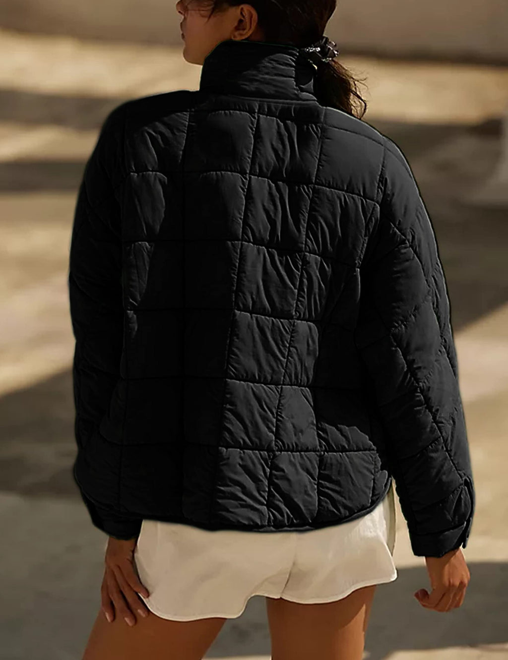 Bianstore Women's Oversized Splice Quilted Lightweight Puffer Jacket Casual Padded Coat(Black-Medium)