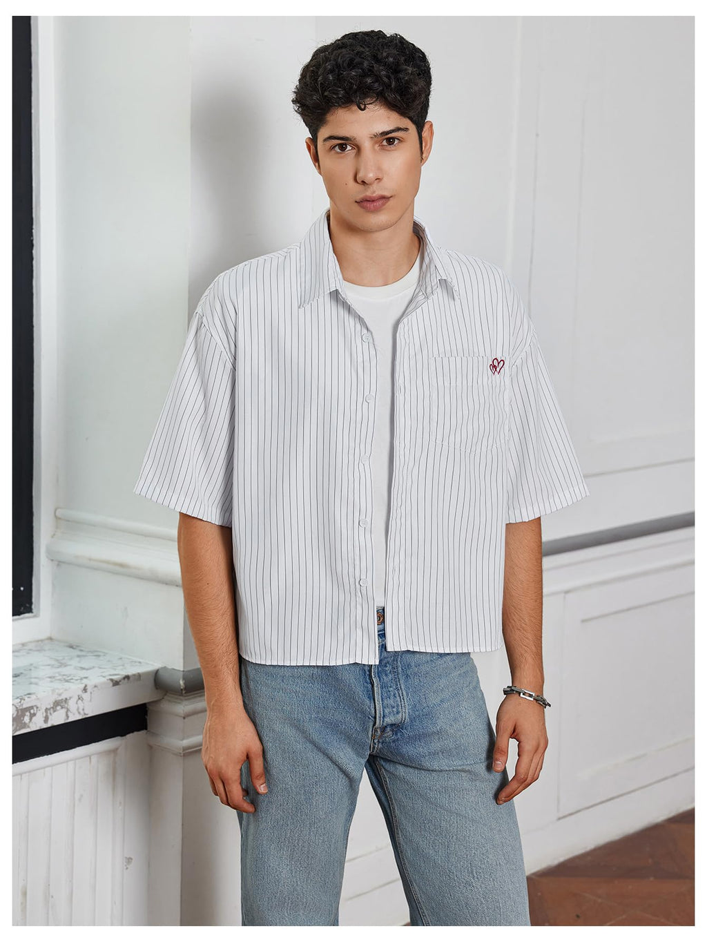 SweatyRocks Men's Striped Button Down Shirt Short Sleeve Collared Loose Fit Crop Shirt with Pocket White X-Small