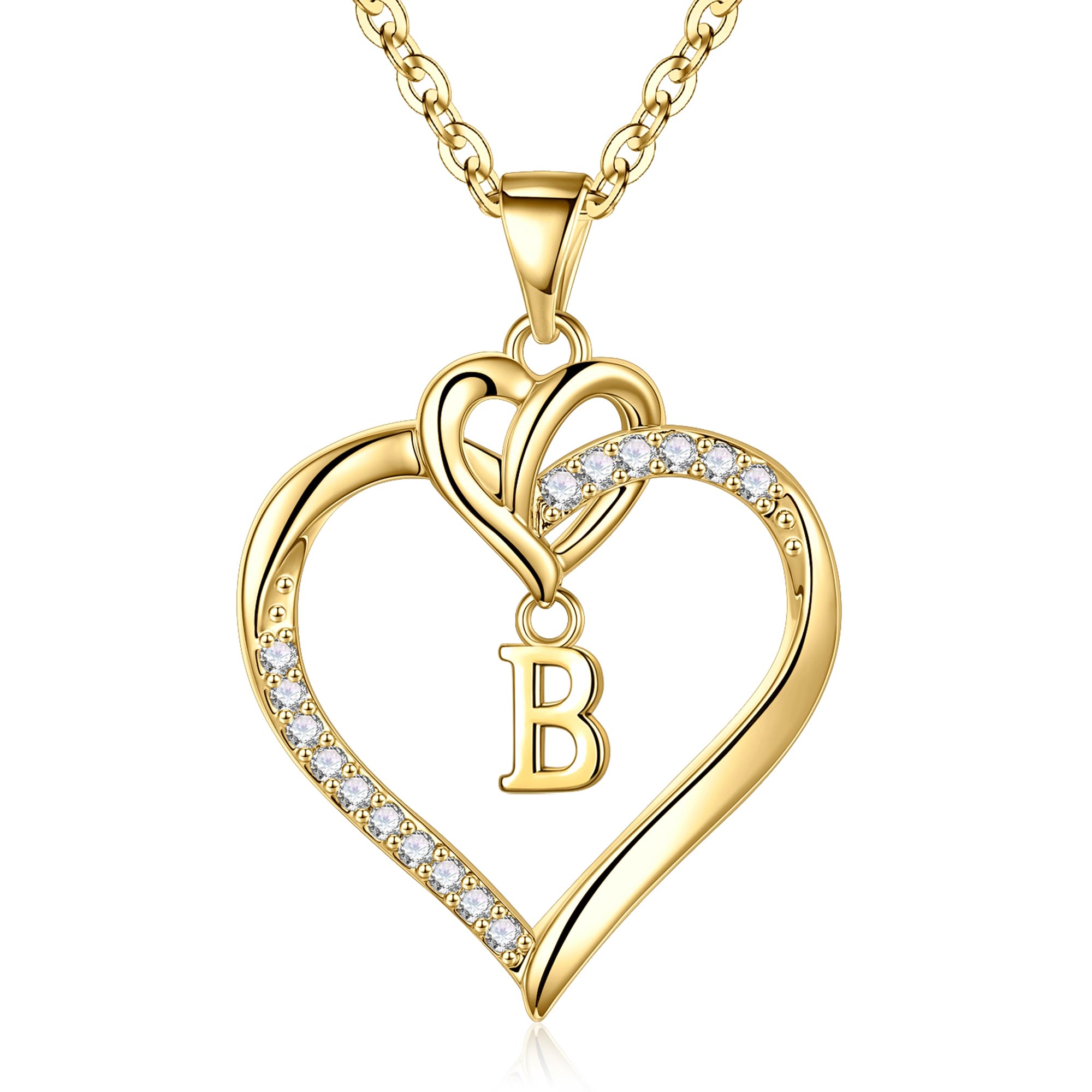 STORUP Heart Initial Necklaces for Women, 14K Gold Plated Heart Initial B Pendant Necklace Dainty Heart Necklaces Gold Heart Necklaces for Women Jewelry for Women Gifts