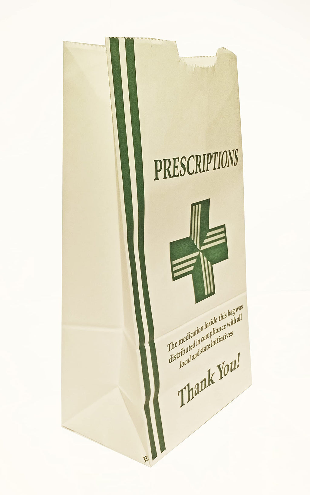 Green Health Cross, Lunch Style Bags #2 Flat Bottom Dispensary Prescription Bag 4x2.5x8.5 Inches, Paper Pharmacy Bag, Medication Packaging for Drug Stores - with Compliance Statement (100)
