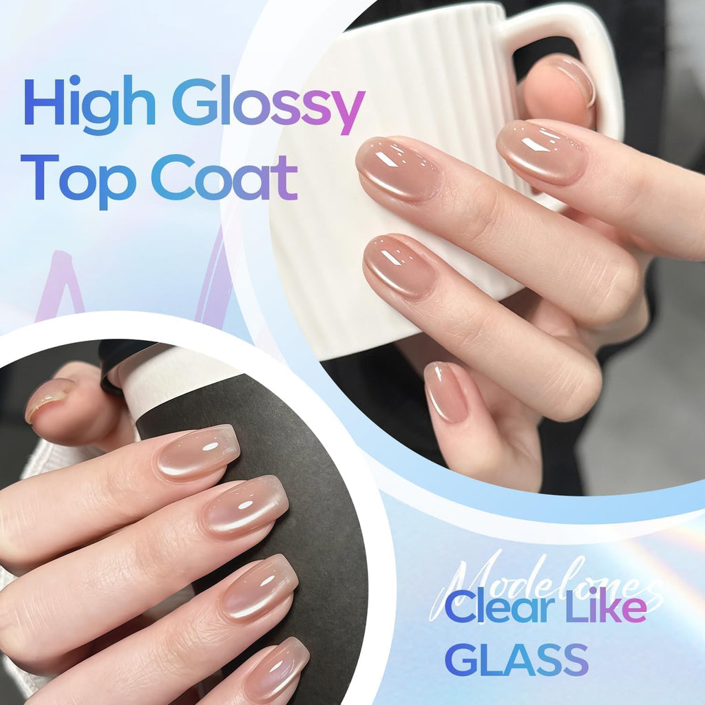 modelones Gel Top Coat, 15ml No Wipe Gel Nail Polish High Gloss Top Coat Shiny Long Lasting Clear Top for Acrylic Nails, Need U V/LED Lamp for Home DIY Gift Winter Valentine's Manicure Salon